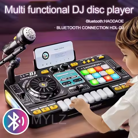 Kid DJ Mixer with Microphone Electronic Piano Keyboard Bluetooth DJ Turntable Controller Musical Ins
