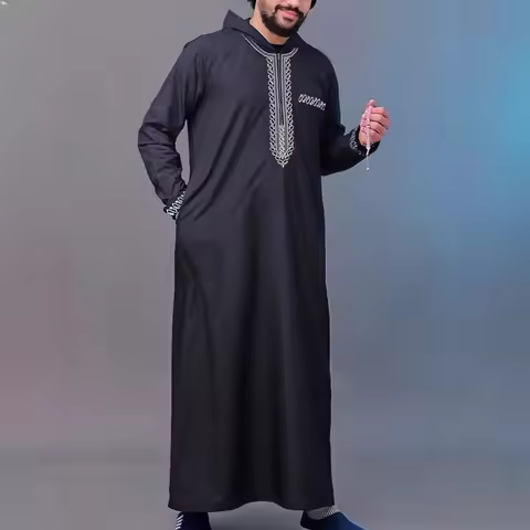 New Men's Loose Hooded Robe Luxury Men's Embroidered Long Sleeve Muslim Clothing Robe Juba Sobi