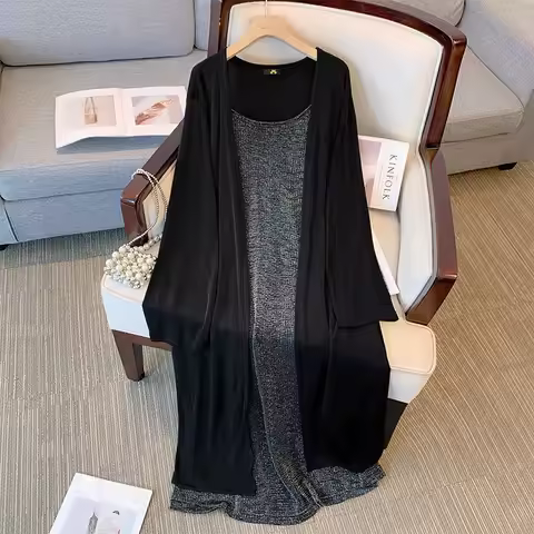 150Kg Plus Size Women's Bust 148 Spring Autumn Loose Camisole Dress Cardigan Two-Piece Set 5XL 6XL 7
