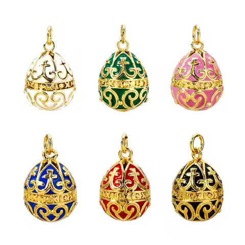 1 Piece Brass Easter Day Charms For Jewelry Making 18K Gold Plated Faberge Egg Carved Pattern Pendan