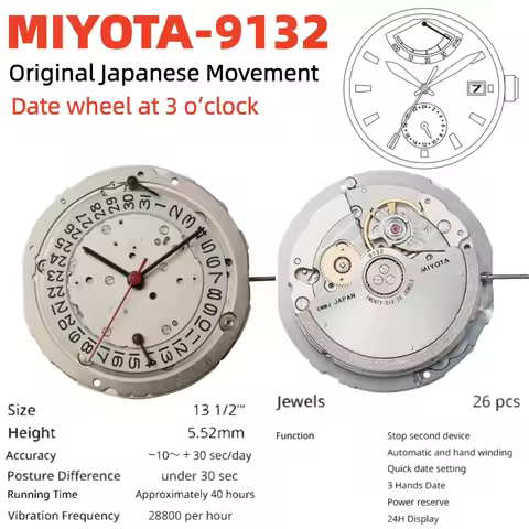 Miyota Accessories MIYOTA 9132 Movement 6 12 O'clock Seconds Brand New Japanese Original Automatic M