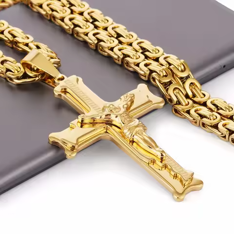 Gold Color Stainless Steel Jesus Cross Pendant Necklace 6mm Link Byzantine Chain Necklace Long Heavy