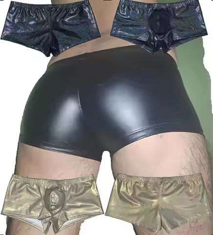 Men's Boxer Briefs Underwear Bulge Pouch Hot Trunks Metallic Leather Shorts Shiny Sporty Panties Bre