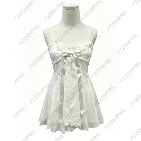 Women Coquette White Slip Dress, Lace Bow Decor Chiffon Mini Dress, Y2K Vintage Fairy Nightwear