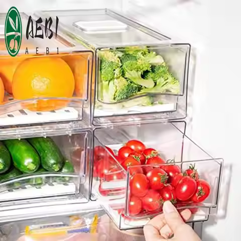 AEB1-Refrigerator Organizer Bins With Pull Out Drawers Fridge Produce Drawer Set For Save Vertical S