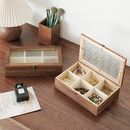 Begonia Flower Glass Jewelry Box Clamshell Compartment Wooden Box Retro Desktop Anti-dust Storage Bo