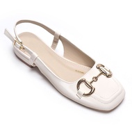 Giày Bít Mũi Hở Gót Merly 1585-2P Đế Vuông 2cm Êm Chân Khóa GC Sang Trọng Bigsize 35–43 Đen & Kem Mi