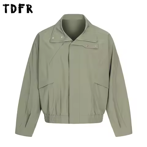 Solid Color Spliced Jacket Mens Autumn Retro Safari Style Stand Collar Long Sleeve Windbreaker Men O