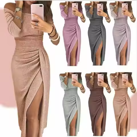 Women's hip slit one-length dress shiny dress dinner dress