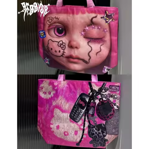 Y2K Aesthetic Kitty Y2K Baddie Aesthetic Double-sided large-capacity shoulder bag Handbag tote bag