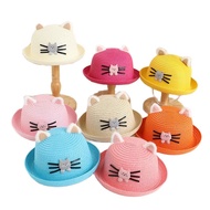 Baby Straw Hat Summer Outing Sunshade For Boys Girls Cute Cat With Velvet Ear Curled Baby Sun Hat Children's UV Protection Hat