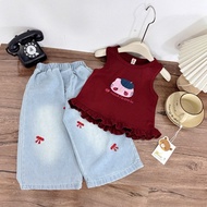 X75 Bộ quần áo bé gái Set áo đỏ sát nách Kitty quần jean nơ cho bé gái