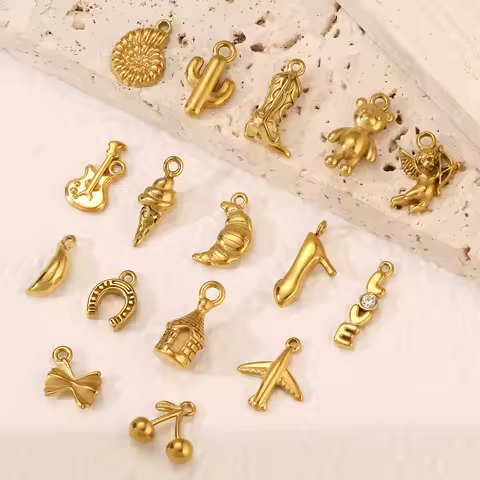 3Pcs Reto Cactus/Boot/Violin/Horseshoe Charm Stainless Steel Small 3D Ice Cream/Moon Pendant DIY Ear