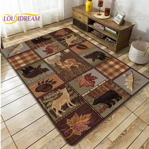 Country Style Farmhouse Lodge Bear Moose Deer Soft Rug Square Flannel Home Rug Vintage Home Living R