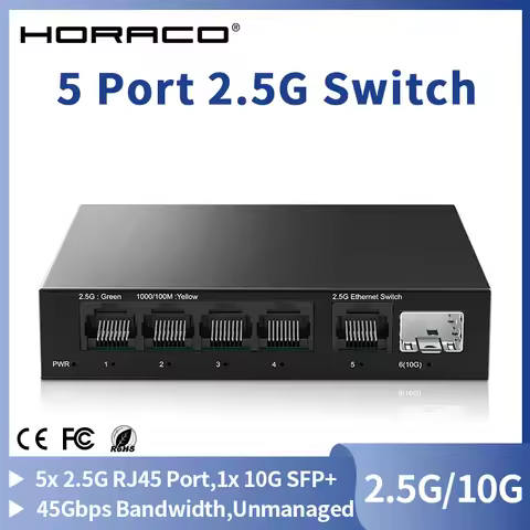HORACO 2.5G Switch 5 Port 2500Mbps Network Switch with 10G SFP+ Auto MDI/MDIX Plug and Play Unmanage
