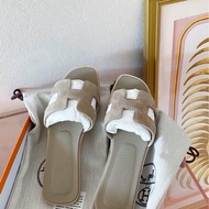 愛馬仕H拖鞋 米灰色麂皮 豬鼻子壓紋圖案 37碼 附件：塵袋+盒