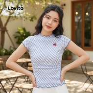 Lovito Women's Casual Embroidered Blue T-shirt for Spring/Summer L151AD476