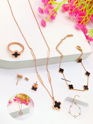 SET TITANIUM PERHIASAN RANTAI BUNGA DESAIN 2 SISI HITAM PUTIH SATU SET ANTI LUNTUR & ANTI KARAT