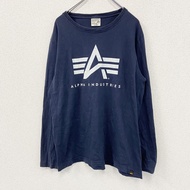 ALPHA INDUSTRIES 長袖印花 T 卹/長袖 T 卹，搭配大 logo，藏青色，XL 碼，古著。