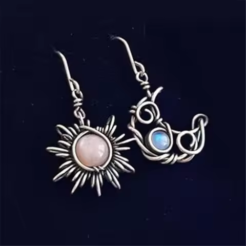 YILUOCD Boho Sun Moon Drop Earrings Round Crystal Bohemia Women Earring Asymmetrical Antiqued Female
