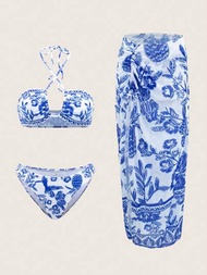 SHEIN Swim Oasis Conjunto de traje de baño para mujeres con estampado de plantas, impresión aleatoria, con falda cubierta, bikini para las vacaciones de verano en la playa