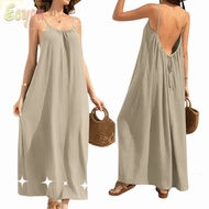 ECYOU Soft Beige Backless Cami Dress with Back Tie - Comfortable Pure Color Dress for Women