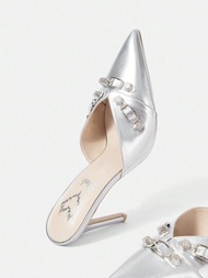 SHEIN ICON 女士銀色金屬pu尖頭拖鞋針跟高跟鞋,時尚性感