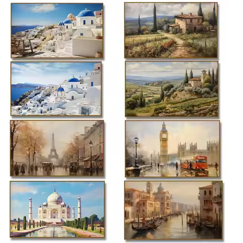 Santorini Village Tower Bridge London Big Ben Venice Tuscan Landscape Poster Canvas Painting Print W
