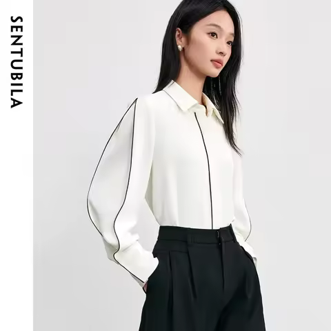 SENTUBILA Casual White Shirts for Women 2025 Autumn Luxury Contrast Trim Long Sleeve Shirt Commute B