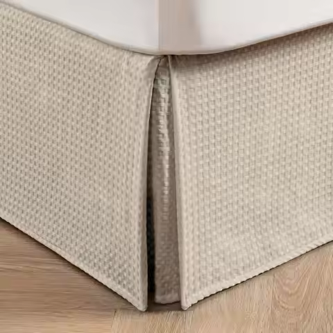 14 Inch Drop Pleated Wale Weave Queen Bed Skirt, Tailored, Dust-Proof, Easy Care, Washable Beige