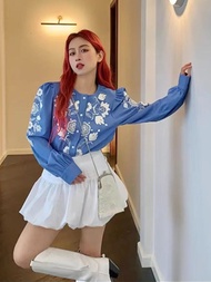 Sezane สไตล์ฝรั่งเศส คอกลมปัก ผ้าฝ้าย เสื้อเชิ้ตแขนฟอง Pure ผ้าฝ้าย ปุ่ม ฤดูร้อน สินค้าใหม่ ผู้หญิง