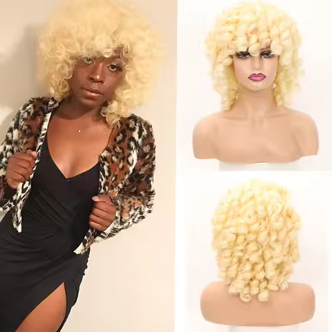 Short Curly Bob Wig Honey Blonde 613 Afro Curly Synthetic Wig with Bangs Bouncy Curly Hair Wig for W