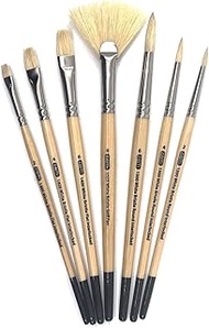 ZEM Brush Interlocked White Hog Bristle Artist Brush Set Rounds 2,4,6 and Flats 2,4,6 and Stiff Fan 