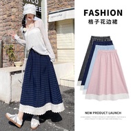 裙子skirt/skirt jeans百搭蕾丝花边格子裙春半身裙女中长款2025高腰显瘦a字裙25.3.31