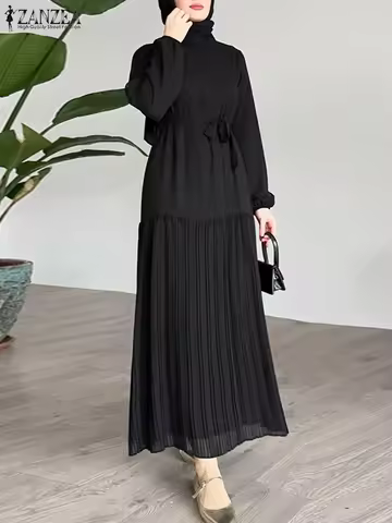 2025 ZANZEA Fashion Muslim Abaya Dress Women Patchwork Maxi Robe Elegant Long Sleeve Pleated Sundres
