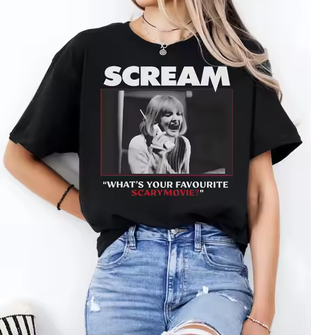 Scream Movie Shirt What's Your Favorite Scary Movie Tee Vintage Horror Film Graphic T-Shirt Drew Bar