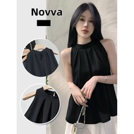 Novva Fast Delivery From Thailand Casual Style For Women Sleeveless Shirt Uneven Hem Plain Color Ple
