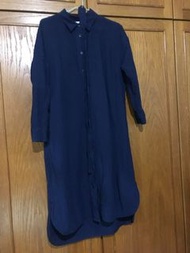 UNIQLO  品牌深藍 亞麻混紡襯衫式長袖洋裝