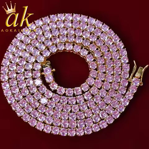 Aokaishen Choker Men Necklace Pink Cubic Zircon Tennis Chain Hip Hop Jewelry Free Shipping Items 202