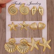 2-12pcs Women's Gold Tone Earring Set, Starfish, Seashell, Scallop, Shell, Suitable For Casual, Beac
