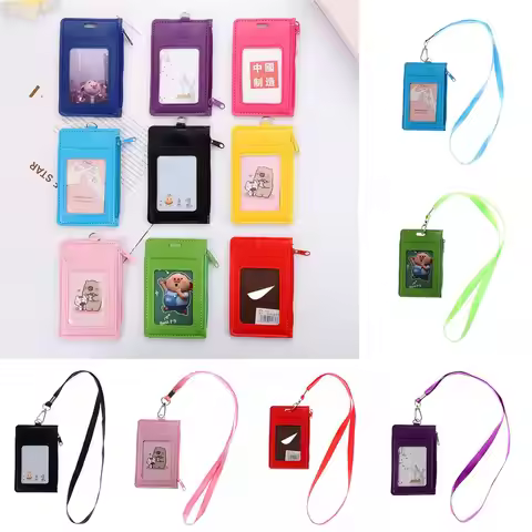 Luxury PU Leather Double Card Sleeve ID Badge Case Clear Bank Credit Card Badge Holder Coin Purse Zi