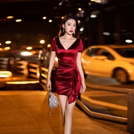 เรียบหรู แขนสั้น Hostess เดรส High End Party SPA Massage Technician Uniform กระโปรงสั้น เซ็กซี่ ผ้าถ