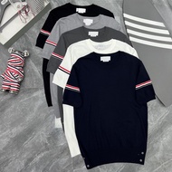 51LX TB-Classic Summer Double-Sided Webbing Color Striped Ice Silk Round Neck Men Women Top T-Shirt