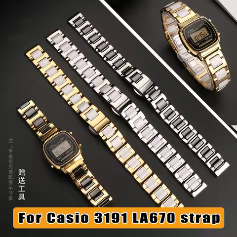 For Casio Small Square Ceramic Watch Band Women LA670 3191 LA670W Small Gold Watch Stainless Steel C