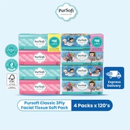 Pursoft Classic 3Ply Facial Tissue Soft Pack Face Tissue Tisu Muka - 120 Sheet x 4 Packs