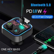 SECRETSPACE Car MP3 Player Bluetooth 5.0 FM Transmitter One Key Bass Microphone Handsfree Music Play USB QC3.0 PD 20W Quick Charger W2Z1
