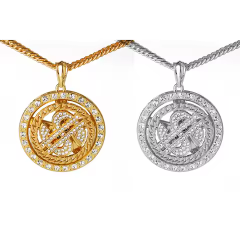 Fashion Crystal Big Raotatable US Dollar Necklace Money Sign Pendant Necklace Men Hip Hop Jewelry
