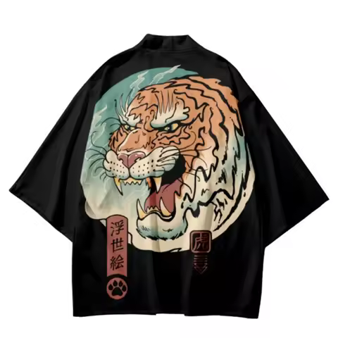 Black Kimono Cardigan Men Women Japanese Obi Male Yukata Boys Haori Anime Tiger Print Coat Japanese