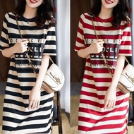 Sunflower Women's Summer Loose Stripe Print Short Sleeve T-Shirt Dress - Korean Style