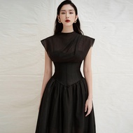 Vietnam Niche Designer Texture Pleated High Waist Show Thin Black See-through Dress Long Dress